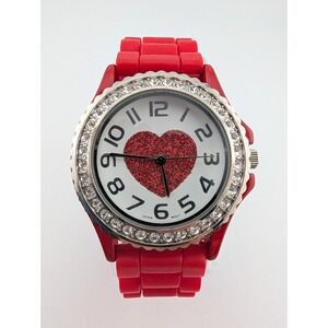 Geneva Platinum Heart Dial Watch Women 38mm Case Red Silicone Band- New Battery